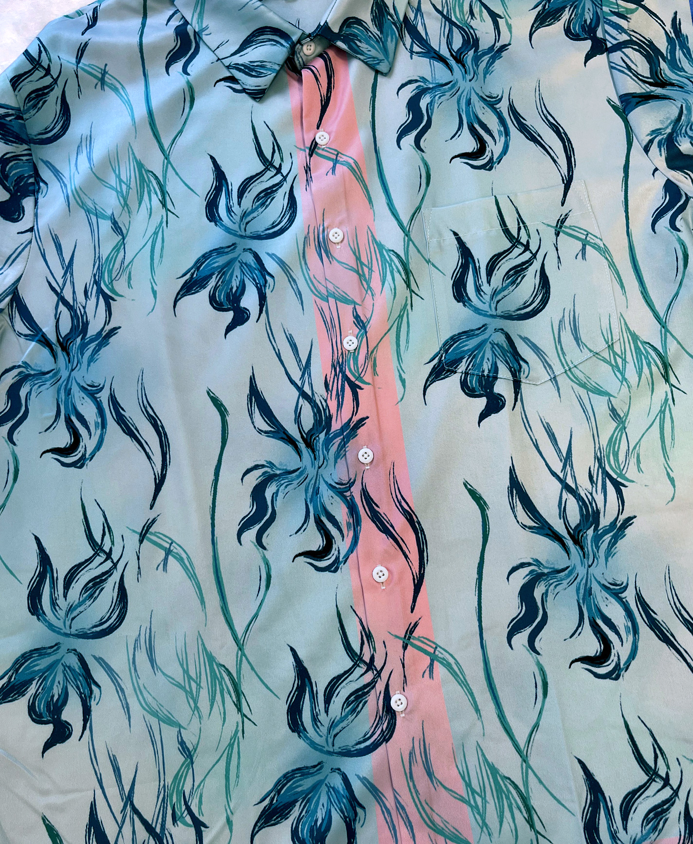 Men's Floral Print Short Sleeve Button Down Shirt, Blue and Pink Hawaiian Pattern, Casual Summer Wear