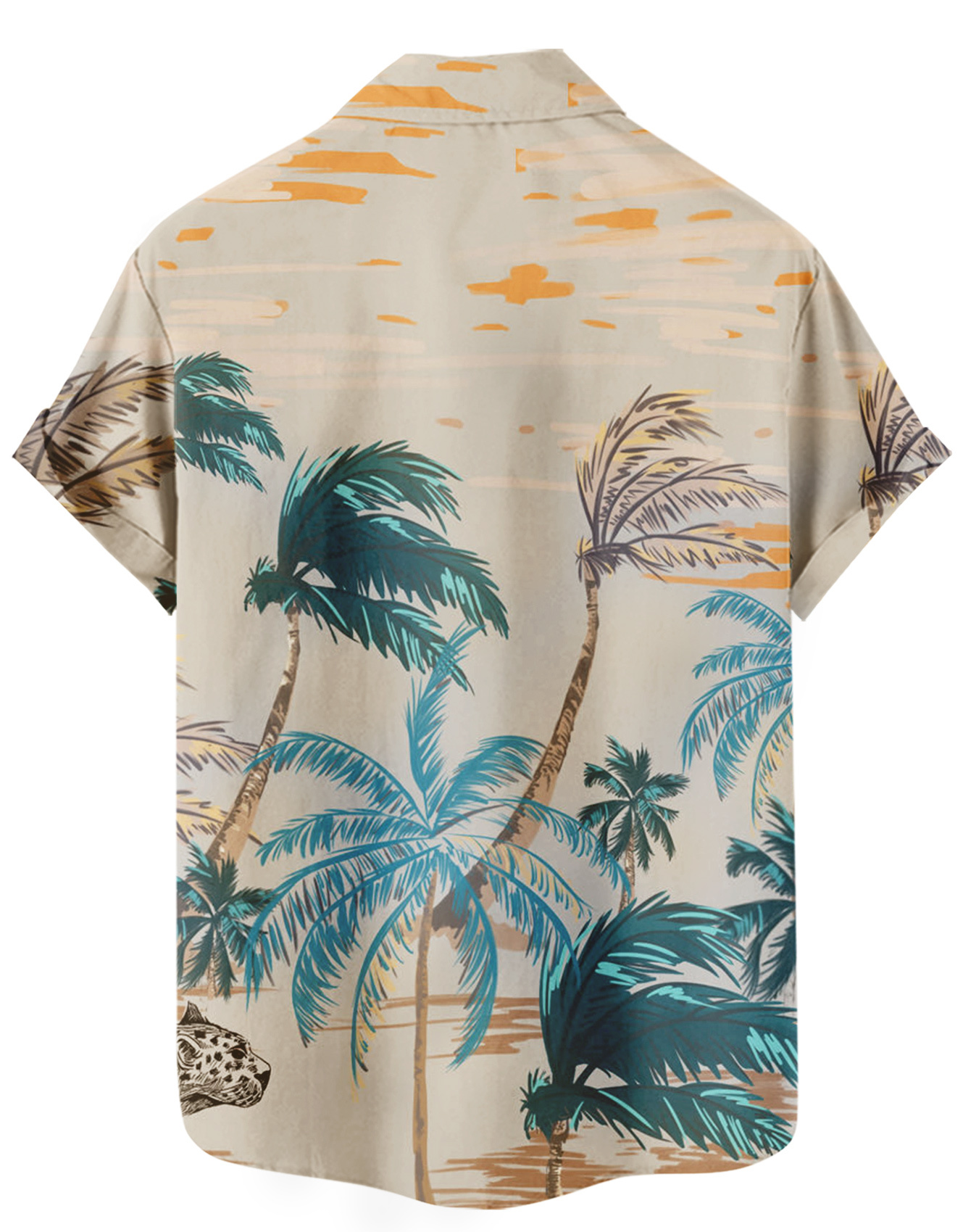 Men's Hawaiian Shirt, Short Sleeve Button Down, Palm Tree Print, Beige