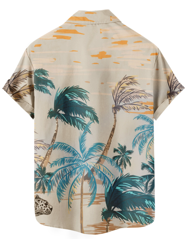 Men's Hawaiian Shirt, Short Sleeve Button Down, Palm Tree Print, Beige