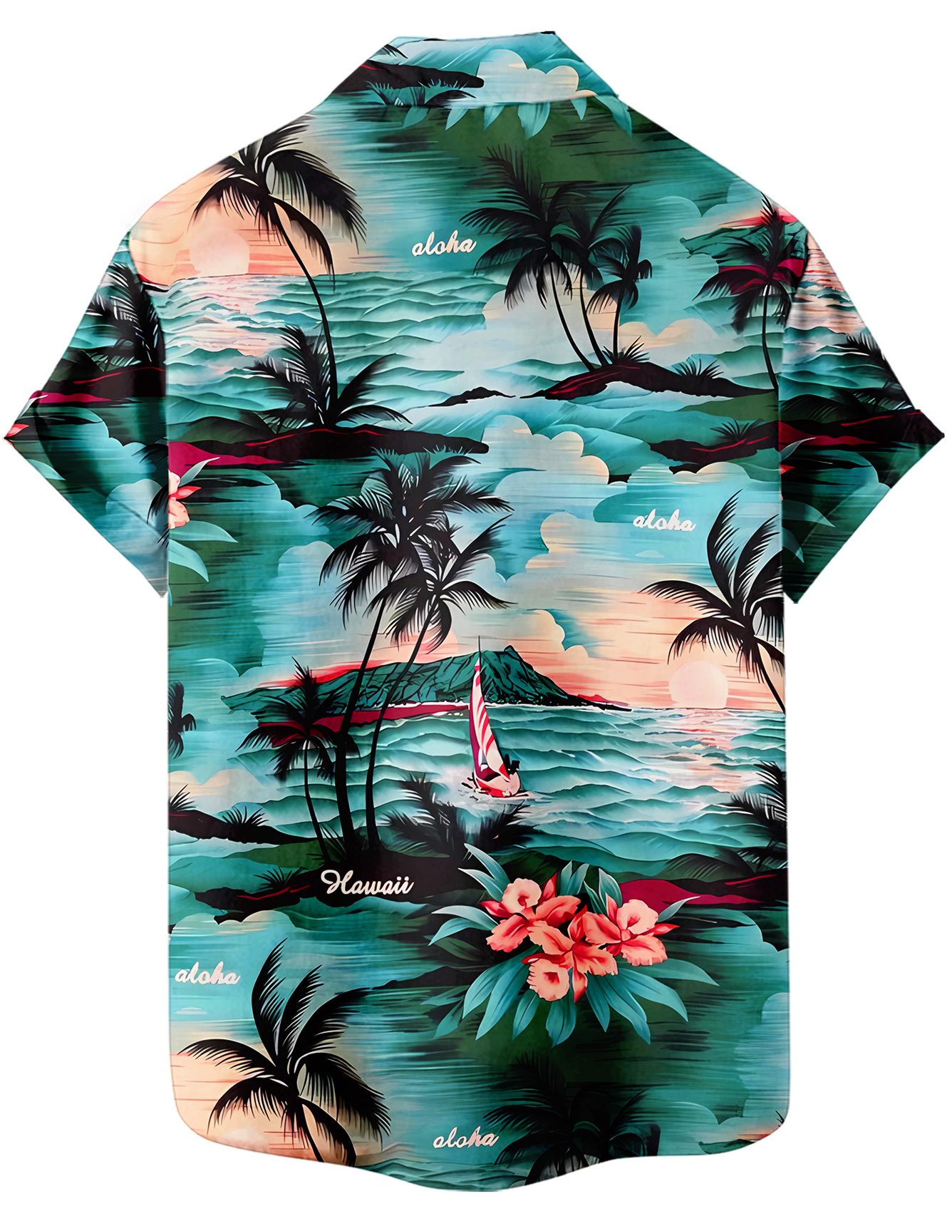 Men's Summer Hawaiian Aloha Shirt, Tropical Palm Beach Print, Short Sleeve Button Down, Turquoise Casual Bowling Shirt