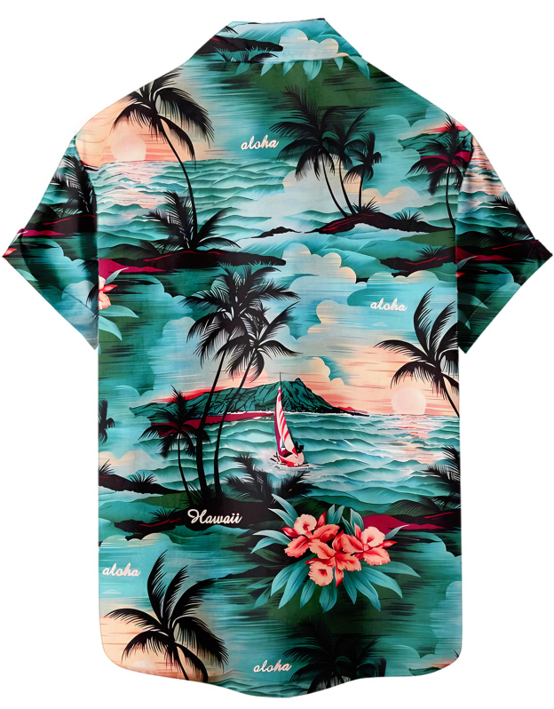 Men's Summer Hawaiian Aloha Shirt, Tropical Palm Beach Print, Short Sleeve Button Down, Turquoise Casual Bowling Shirt