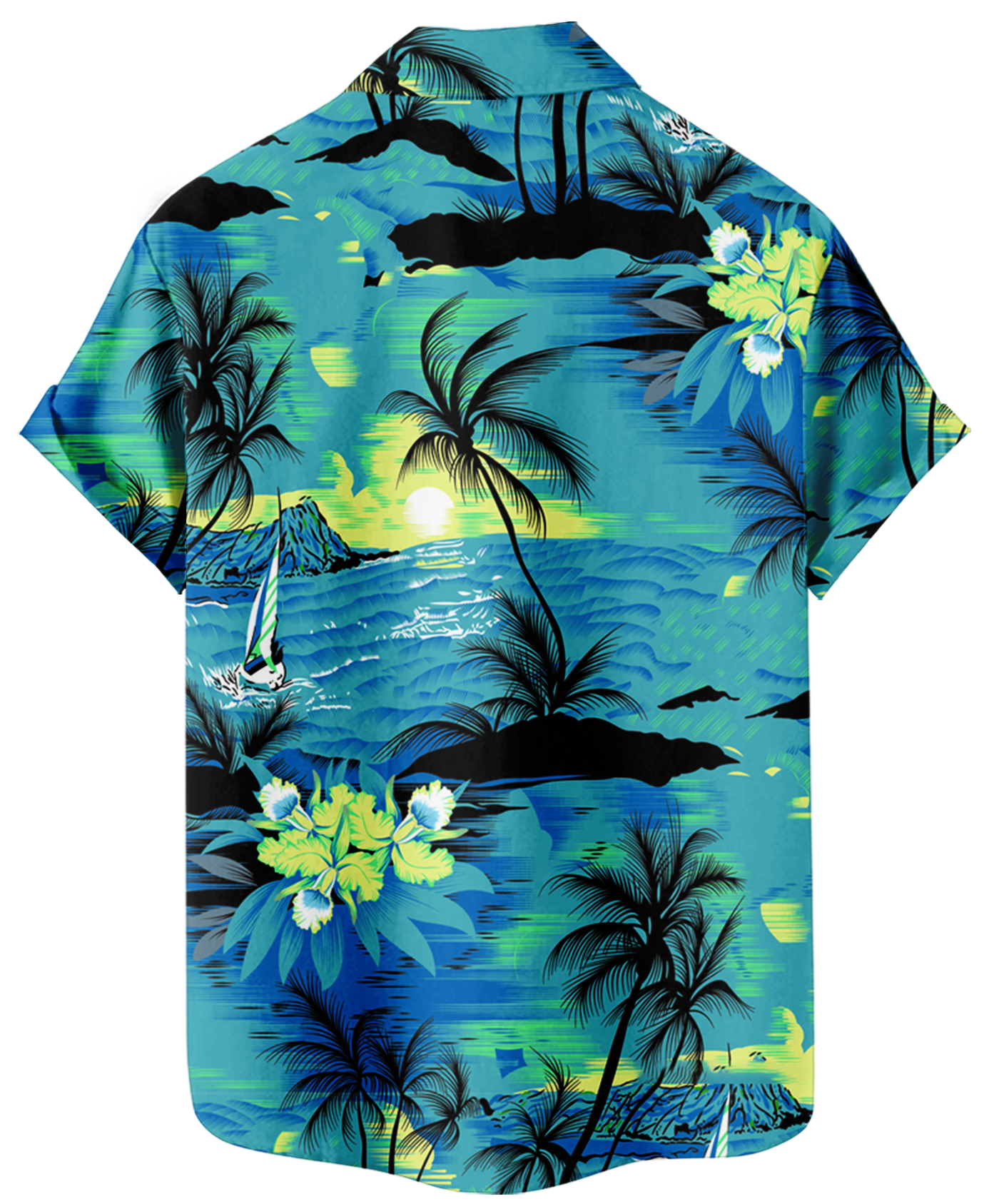 Men's Hawaiian Tropical Beach Print Button Down Shirt, Short Sleeve, Blue and Green Palm Trees
