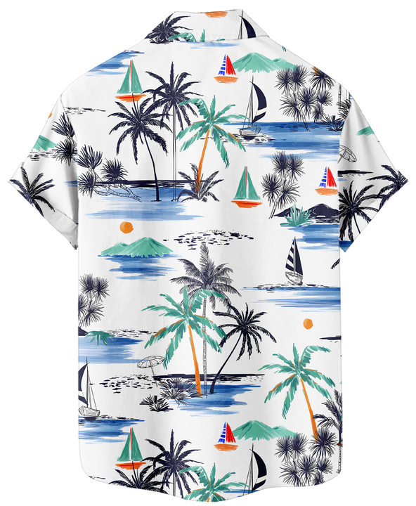 Men's Hawaiian Print Shirt, Short Sleeve Button Down, Tropical Palm Trees and Sailboats Pattern, White