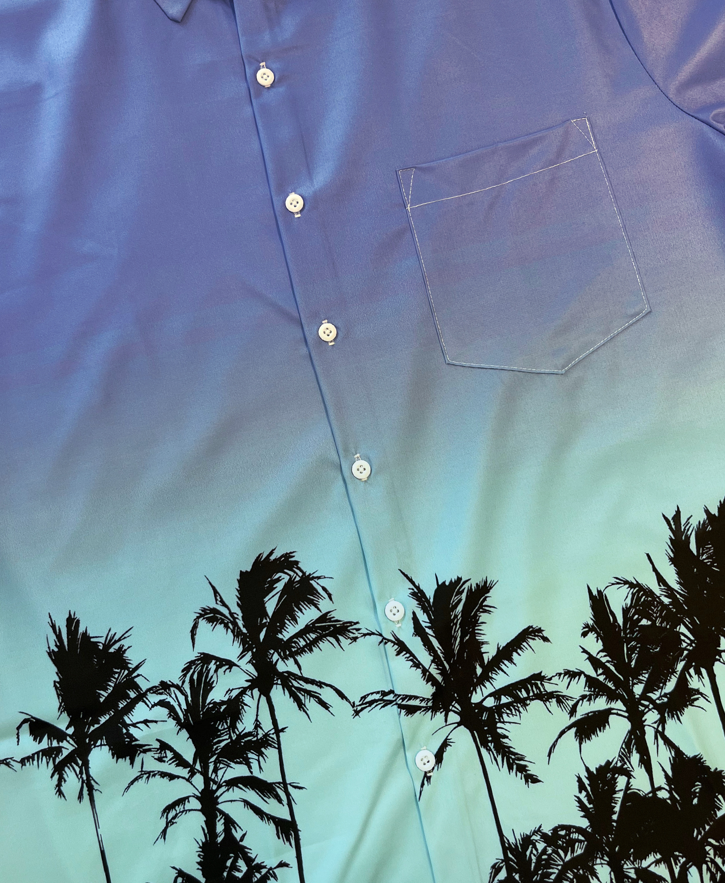 Men's Hawaiian Aloha Shirt, Short Sleeve Button Down, Palm Tree Print, Blue Ombre, Casual Beach Wear
