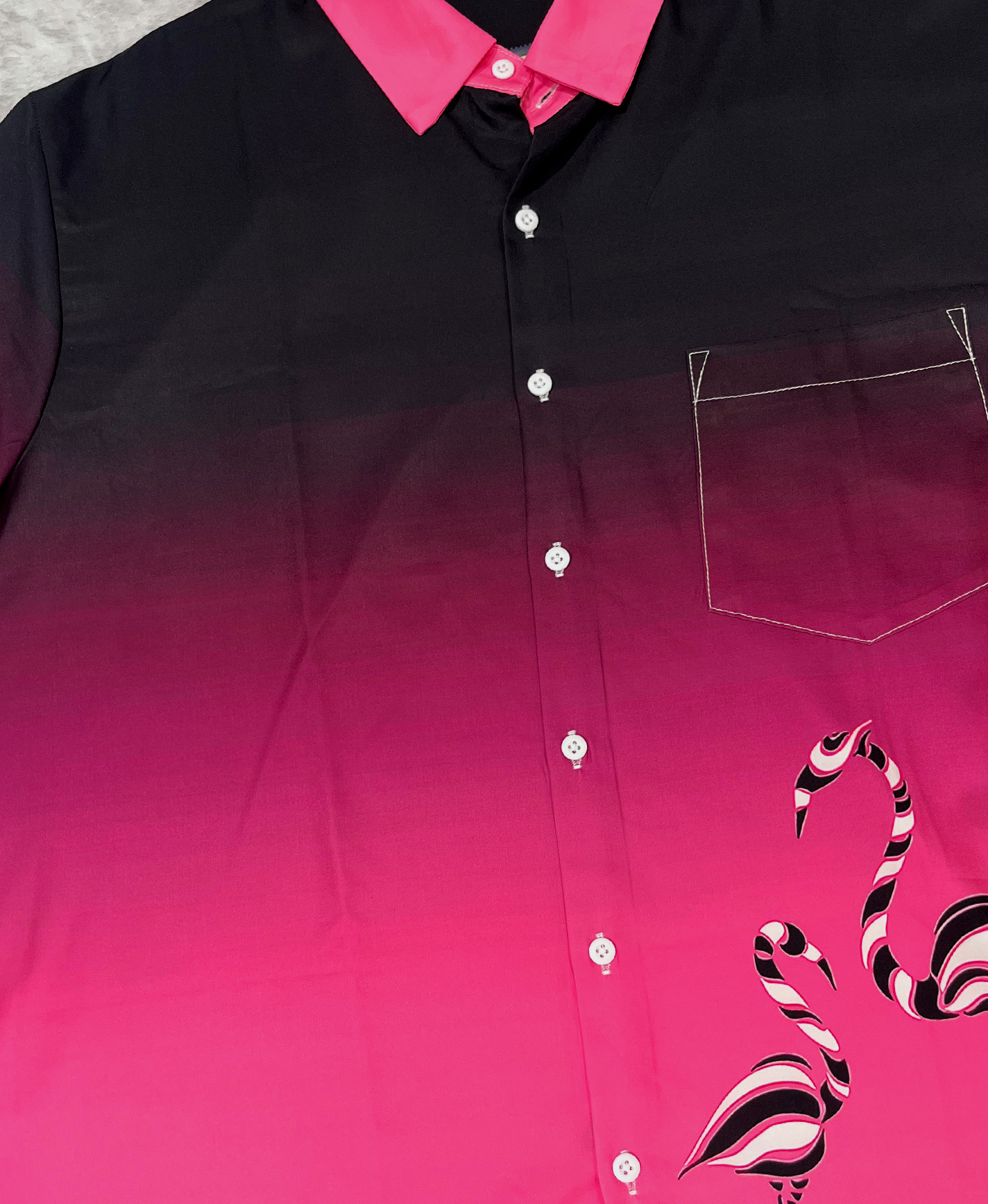 Men's Short Sleeve Button Down Shirt, Black and Pink Ombre with Flamingo Print, Casual Hawaiian Style