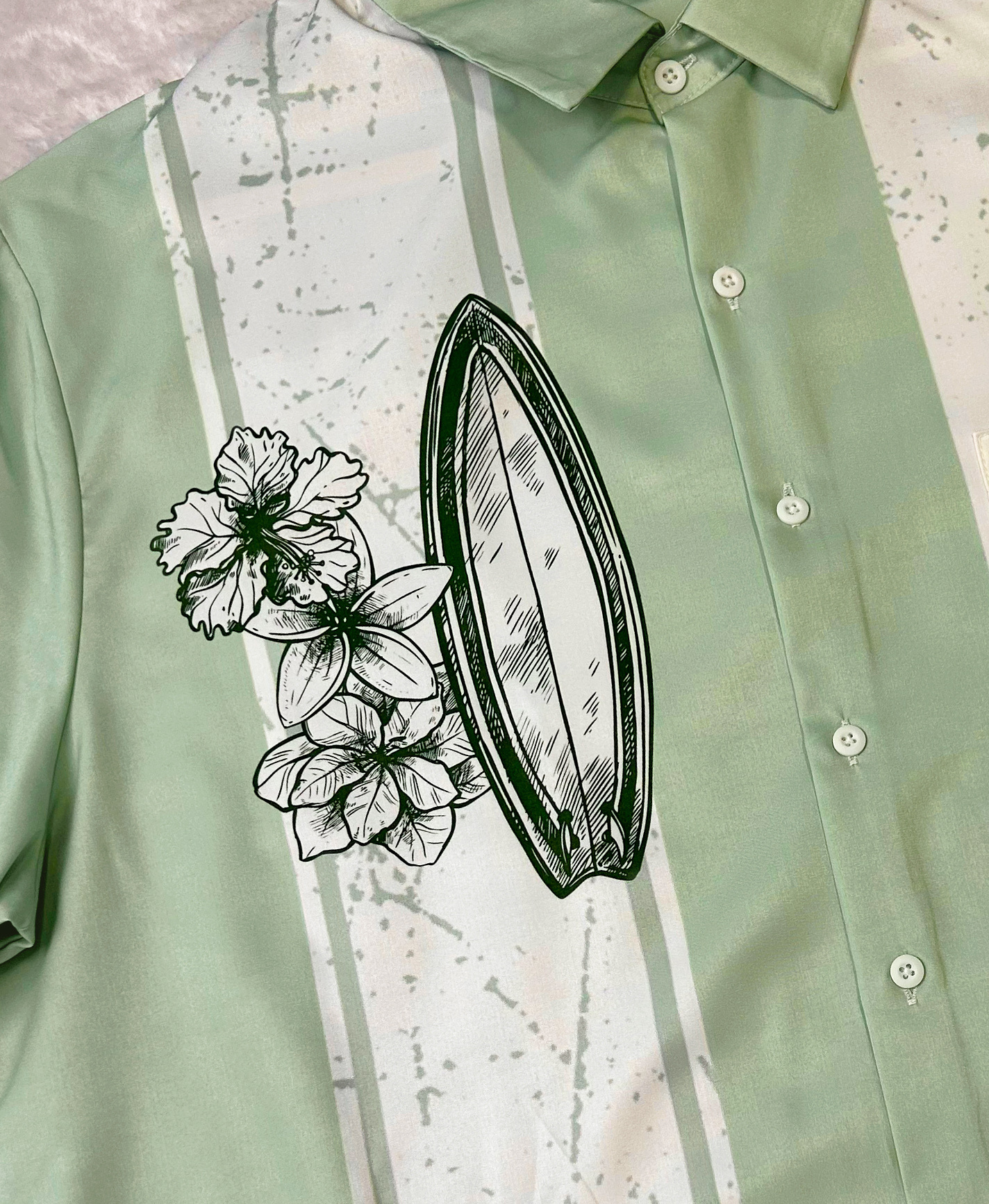 Men's Hawaiian Surfboard Button Down Shirt, Short Sleeve, Sage Green with Floral Print