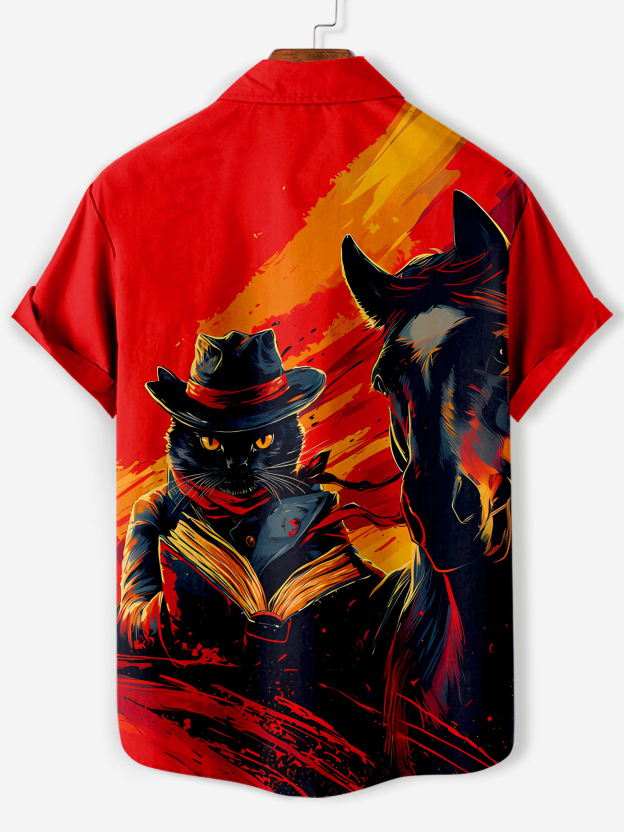 Men's Retro Cartoon Anime Cat Theme Short Sleeve Shirt