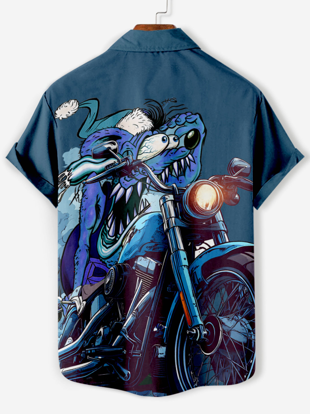 Men's retro cartoon motorcycle element short-sleeved shirt