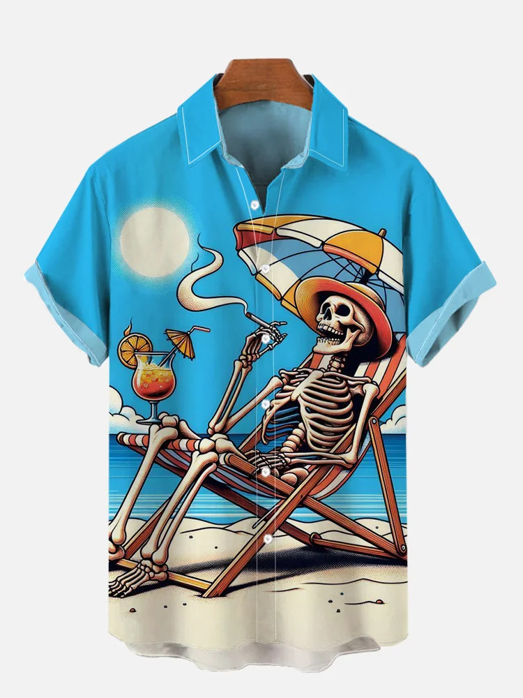 Humorous Skull Hawaii Beach Holiday Casual Short Sleeve Shirt
