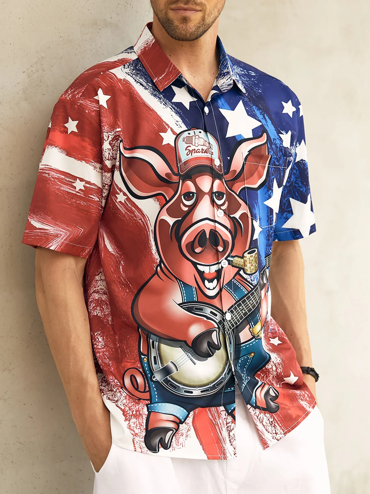 Men's Fun Casual Cartoon Flag Pig Short Sleeve Pocket Shirt