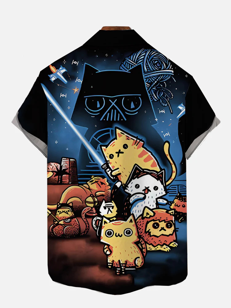 Men's cartoon science fiction space war cat warrior lapel short sleeved shirt