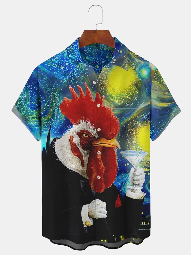 Men's Casual Art Star Rooster Print Lapel Short Sleeve Shirt