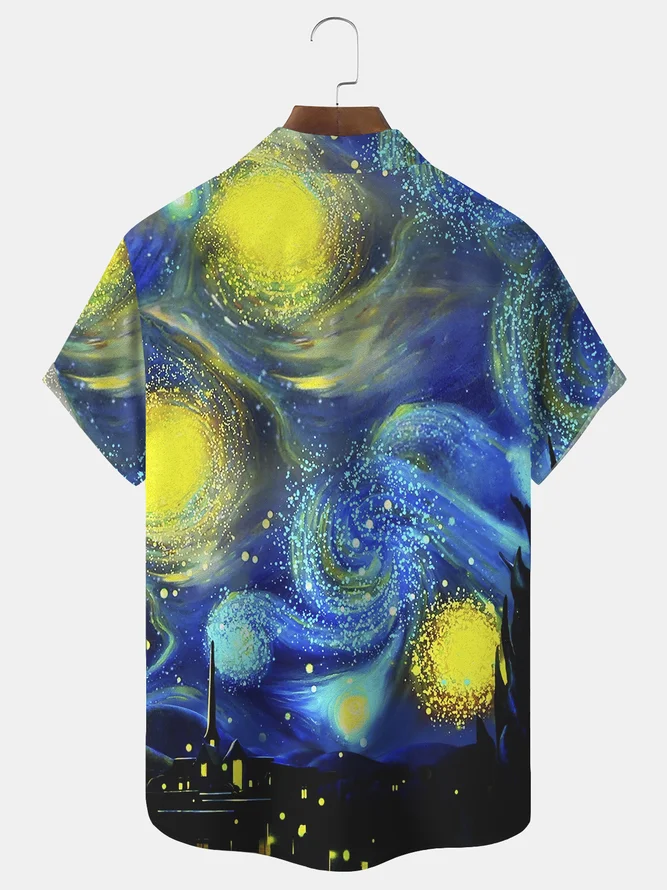 Men's Casual Art Star Rooster Print Lapel Short Sleeve Shirt