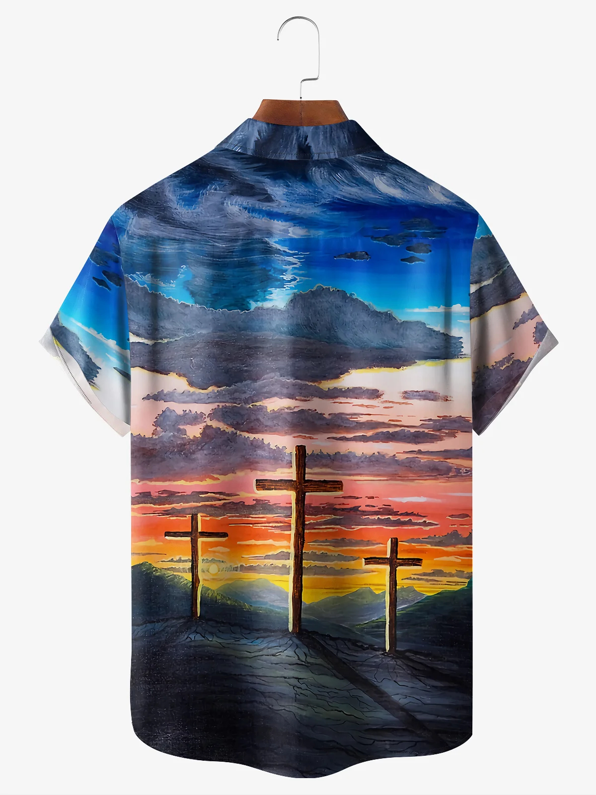 Men's Easter Art Cross Oil Painting Print Pocket Holiday Shirt