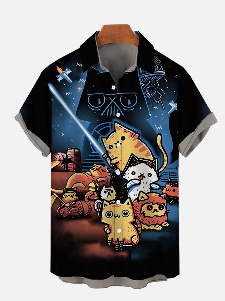 Men's cartoon science fiction space war cat warrior lapel short sleeved shirt