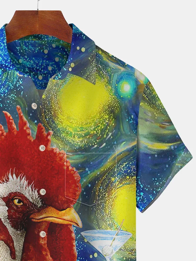 Men's Casual Art Star Rooster Print Lapel Short Sleeve Shirt