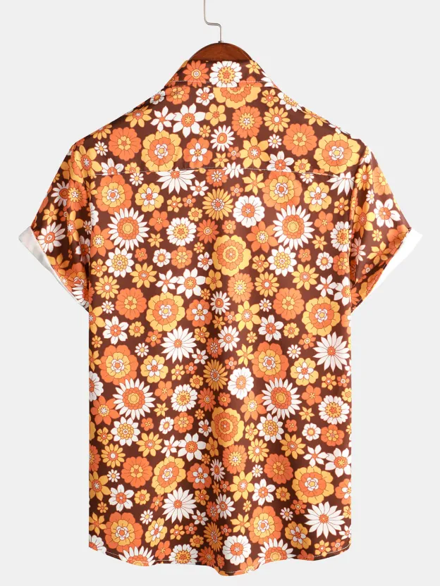 Men's Casual Small Flower Full Dress Printed Lapel Short Sleeve Shirt