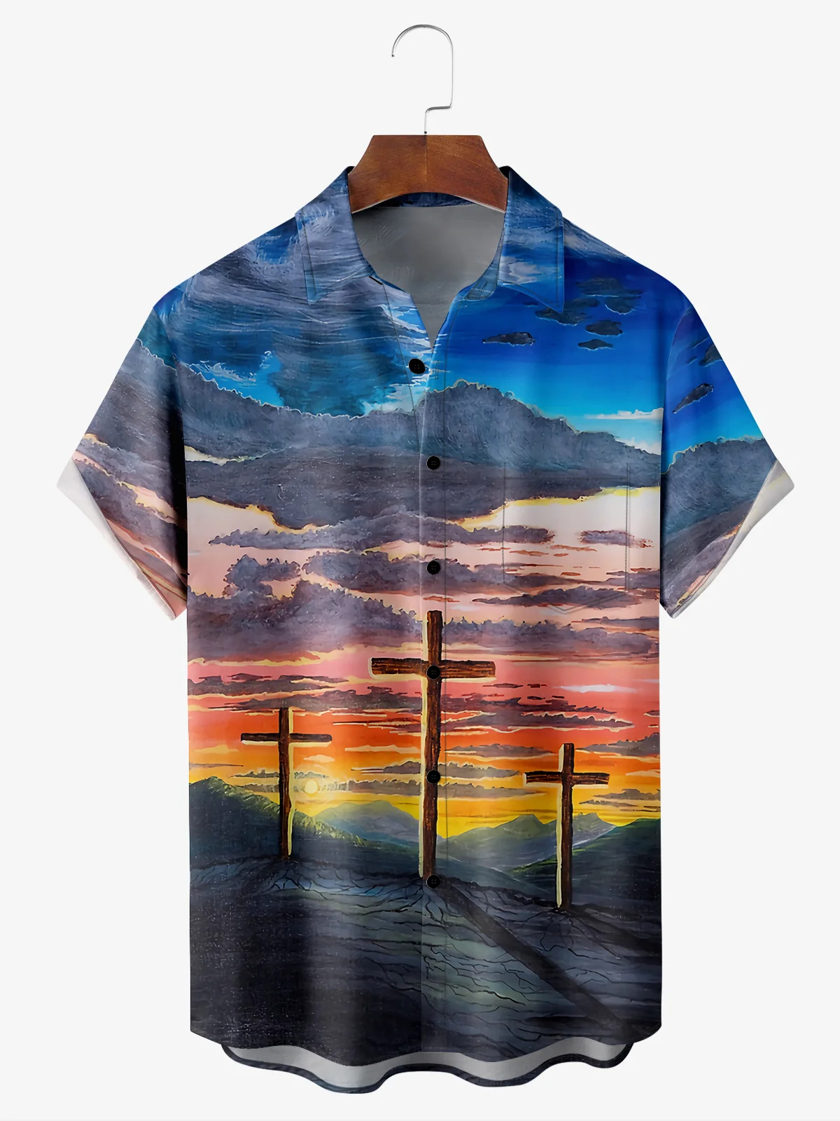Men's Easter Art Cross Oil Painting Print Pocket Holiday Shirt
