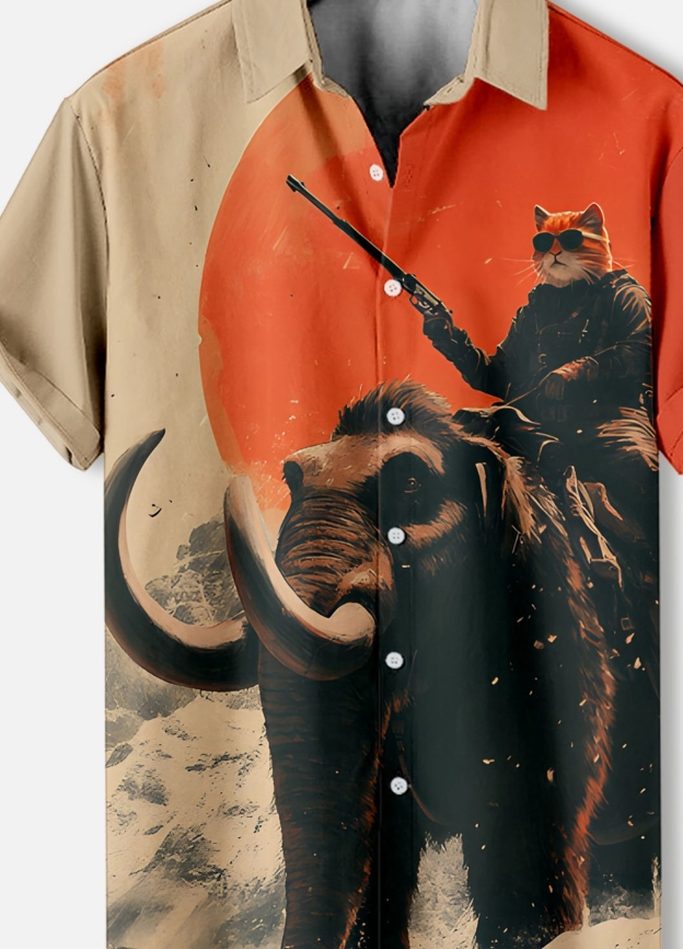 Men's Retro Cartoon Anime Cat Theme Short Sleeve Shirt