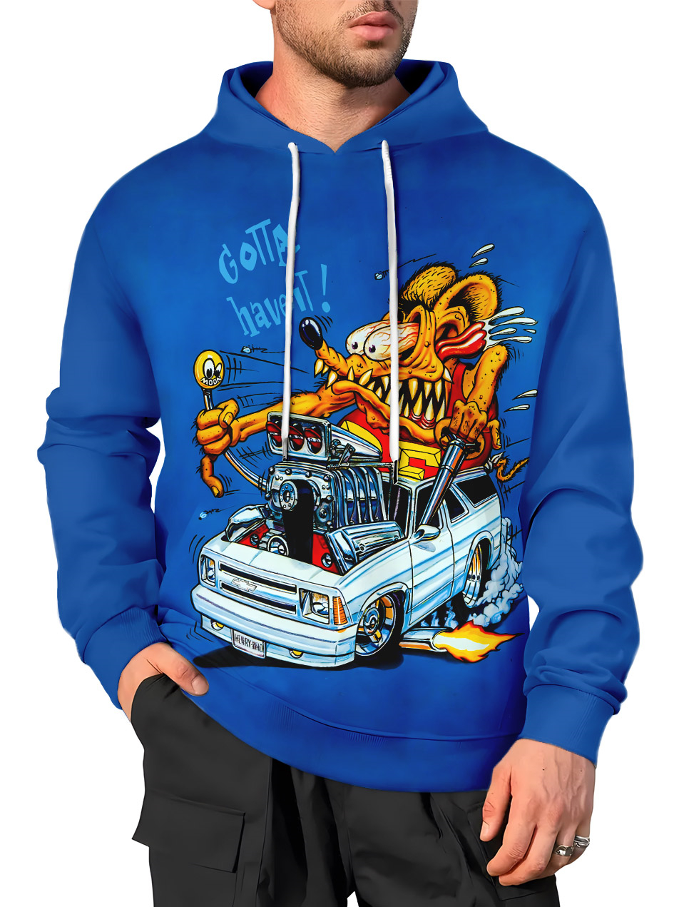 Men's Retro Cartoon Car Graphic Illustration Long Sleeve Hoodie