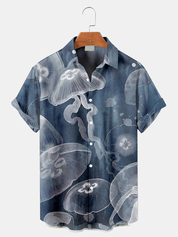 Men's Casual Sea Life Jellyfish Graphic Short Sleeve Shirt