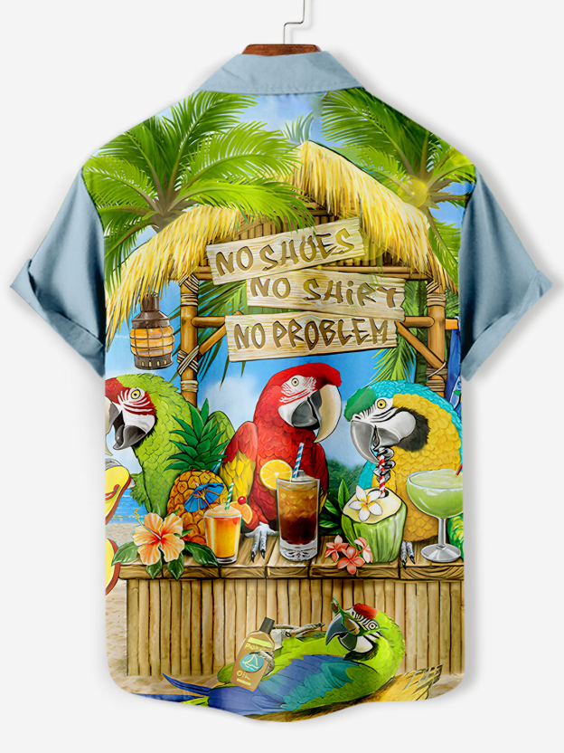 Men's Casual Hawaiian Birds Graphic Illustration Short Sleeve Shirt