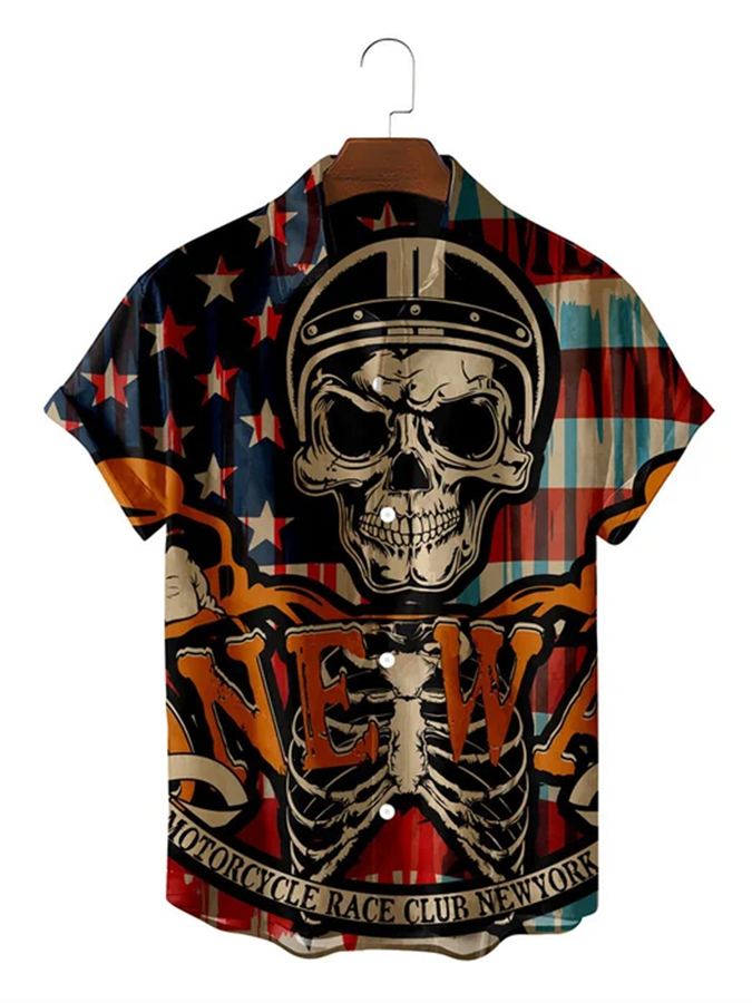 Men's casual retro national flag skull print short sleeved pocket shirt