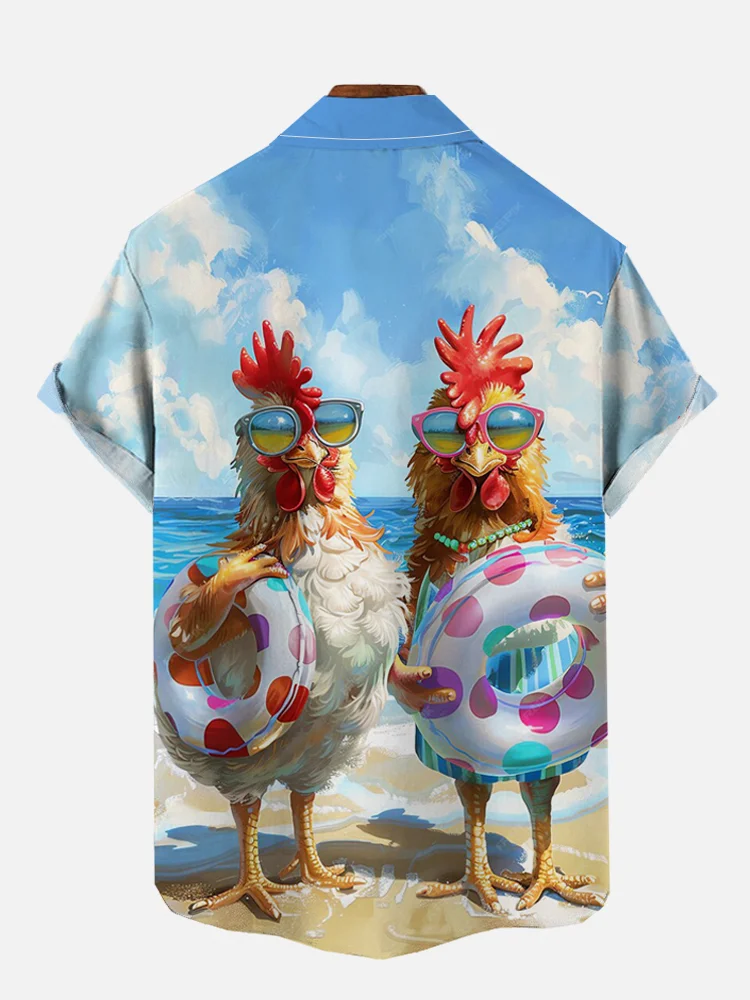 Hawaiian Fun Animal Chick Holiday Casual Short Sleeve Shirt
