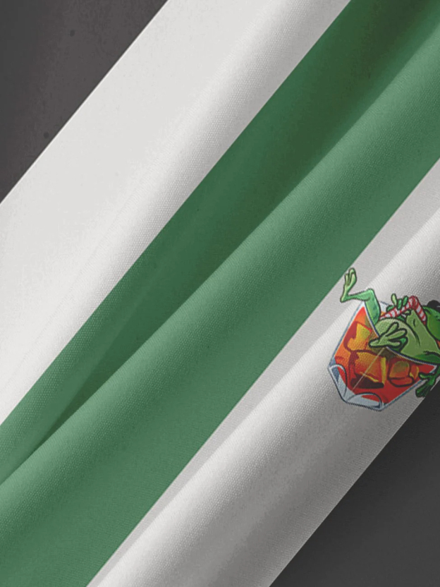 Men's contrasting striped green wine glass frog print casual short sleeved bowling shirt