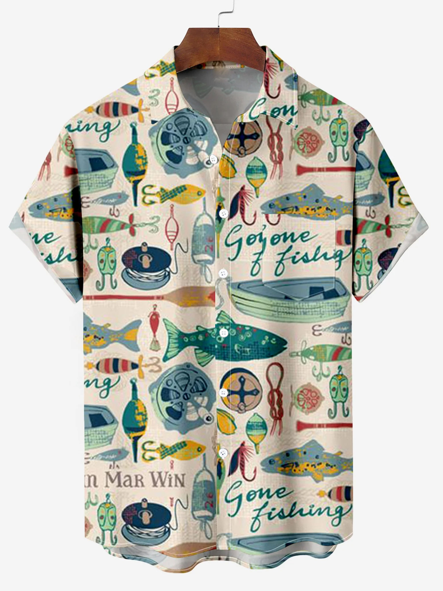 Men's Vintage Fishing Lure Graphic Print Short Sleeve Shirt