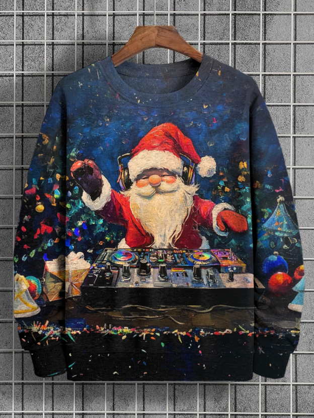 Men's Christmas Santa DJ Gnome Sound Mixing Print Casual Sweatshirt