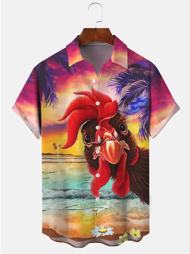 Men's Casual Beach Fun Rooster Print Lapel Short Sleeve Shirt