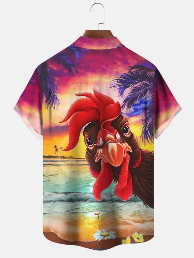Men's Casual Beach Fun Rooster Print Lapel Short Sleeve Shirt