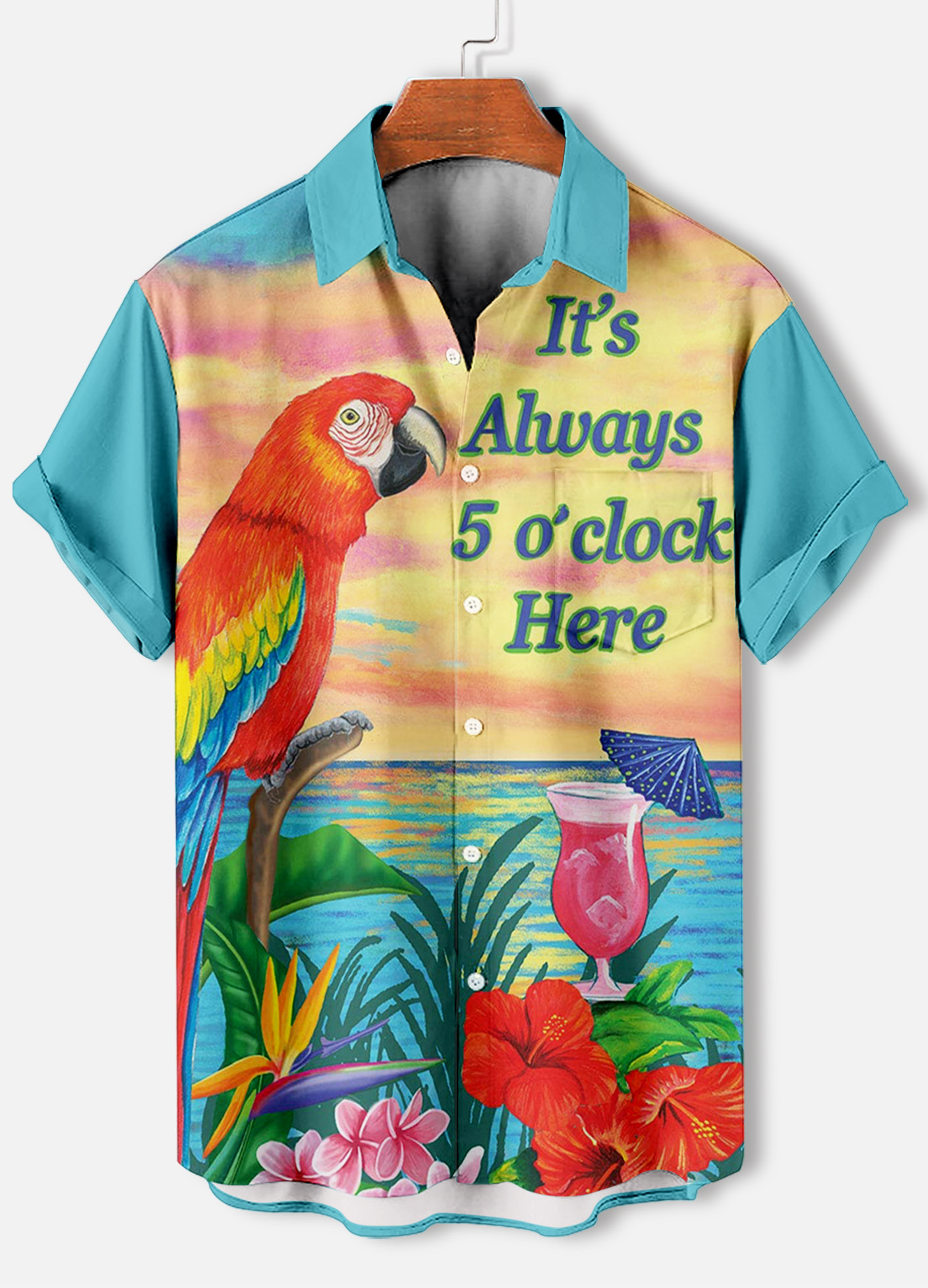 Men's Casual Hawaiian Parrot Graphic Illustration Short Sleeve Shirt