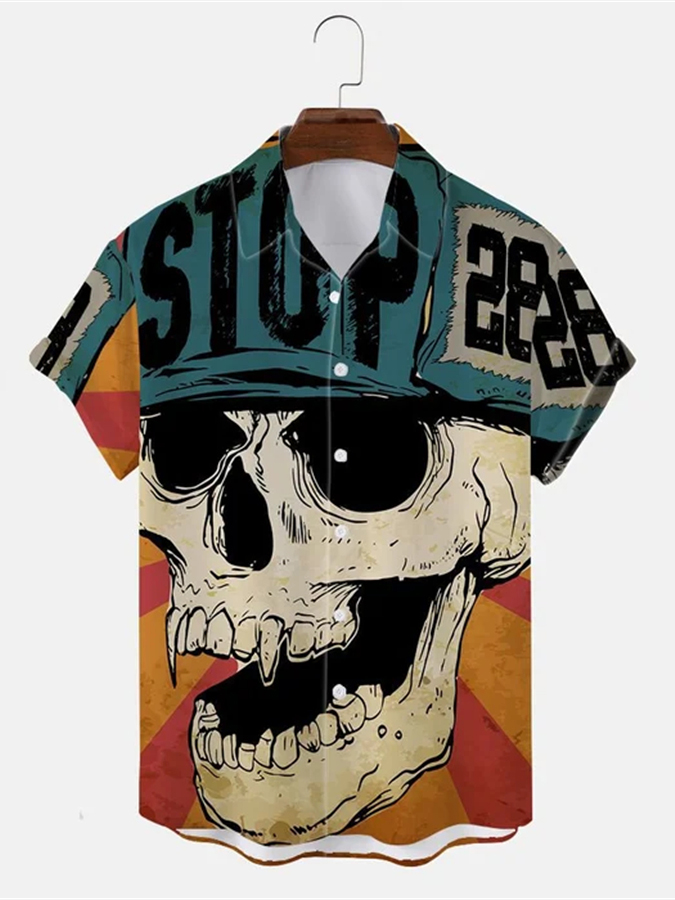 Men's casual retro street skull print short sleeved pocket shirt
