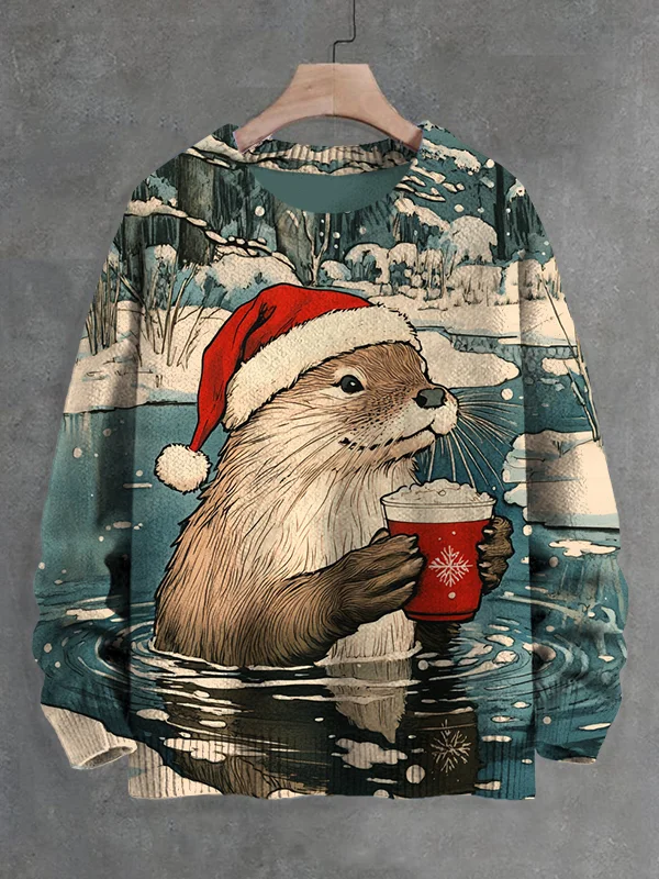 Men's Christmas Otter Drinking Hot Cocoa Snow Scene  Sweatshirt