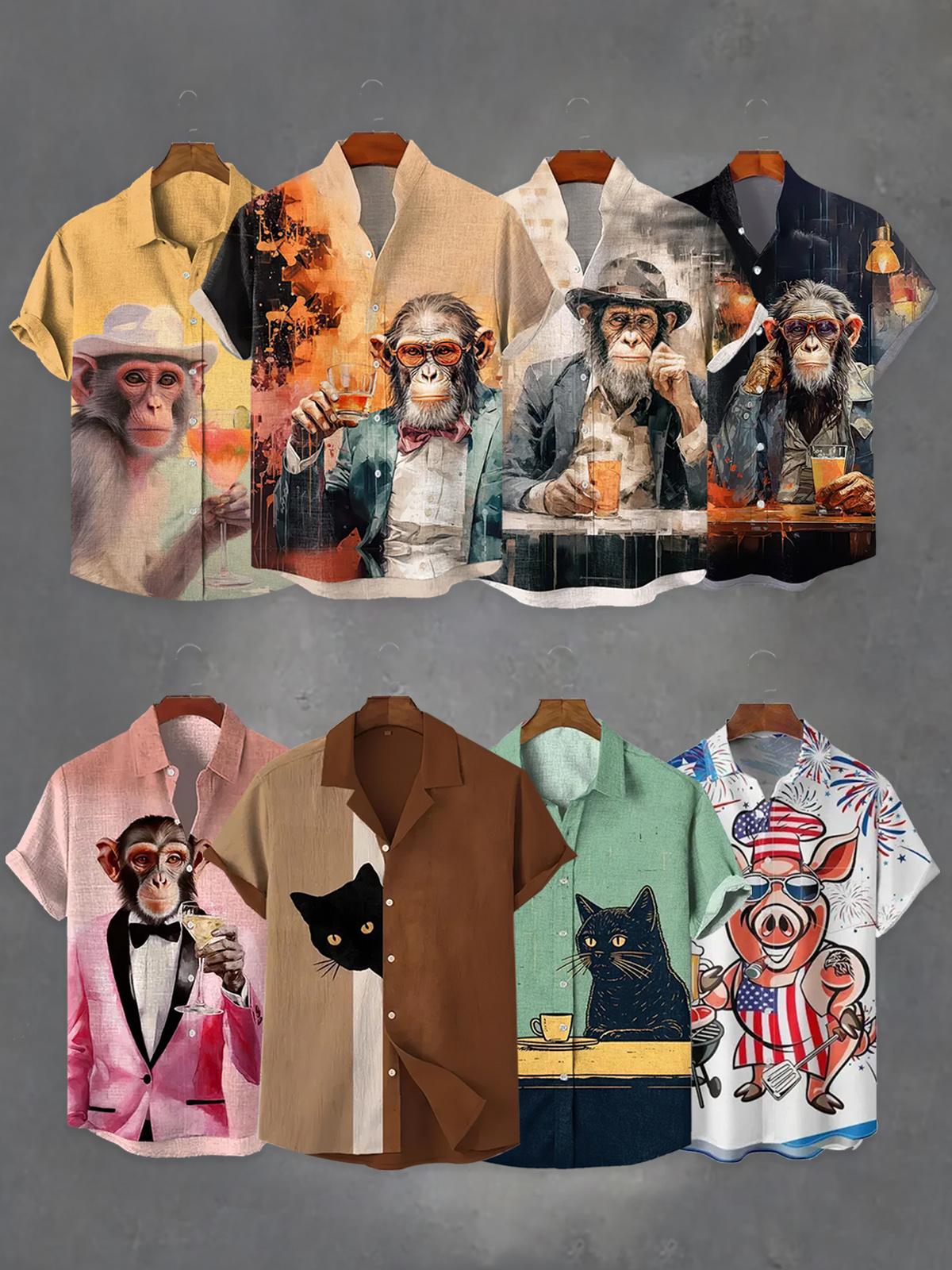 （8 pieces) Men's Casual Patterned Illustration Short Sleeve Shirt 