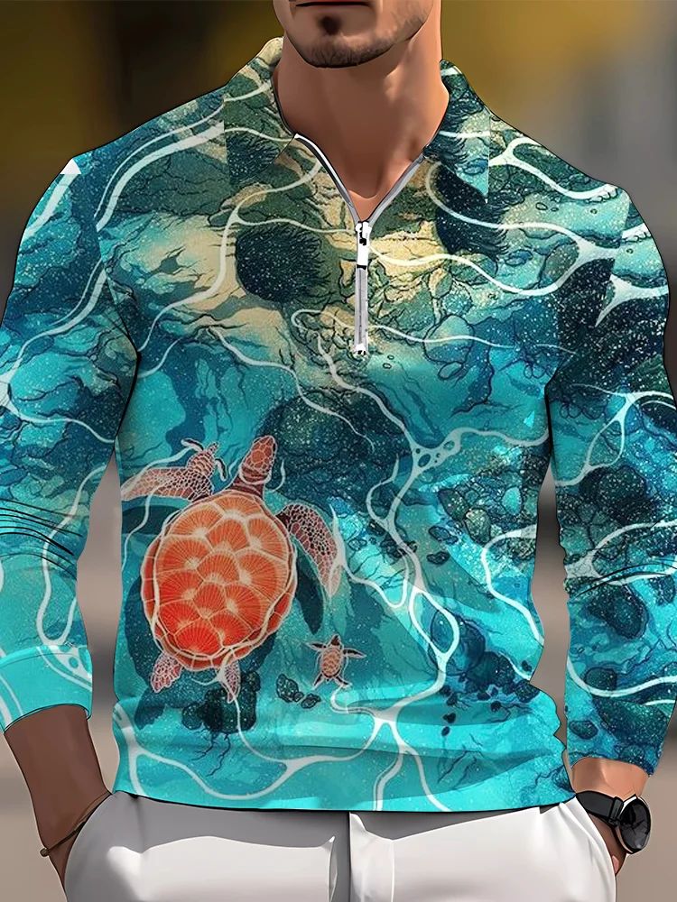 Men's casual art graphic zip long sleeve polo shirt