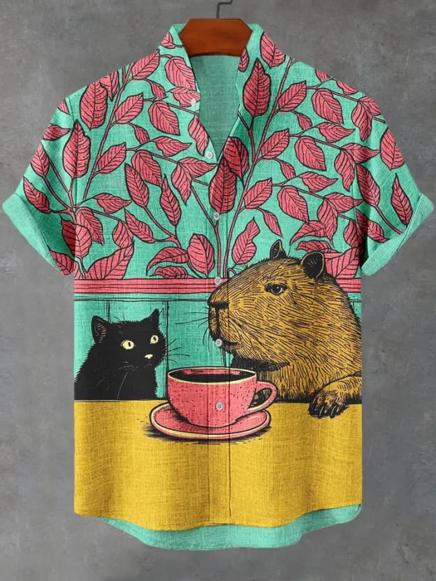 Men's Retro Brave Tom and Jerry Cartoon Graphic Short Sleeve Shirt