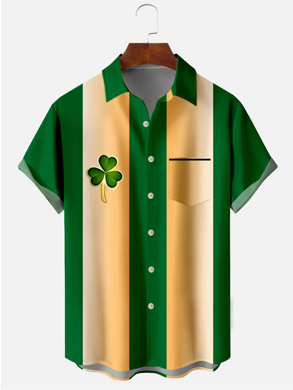 Men's gradient striped clover print casual short sleeved pocket bowling shirt