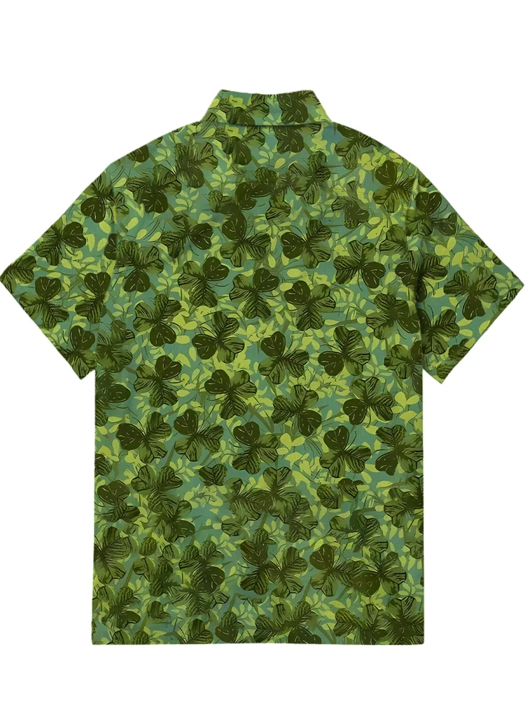 Men's casual tropical clover Hawaiian printed short sleeved pocket shirt