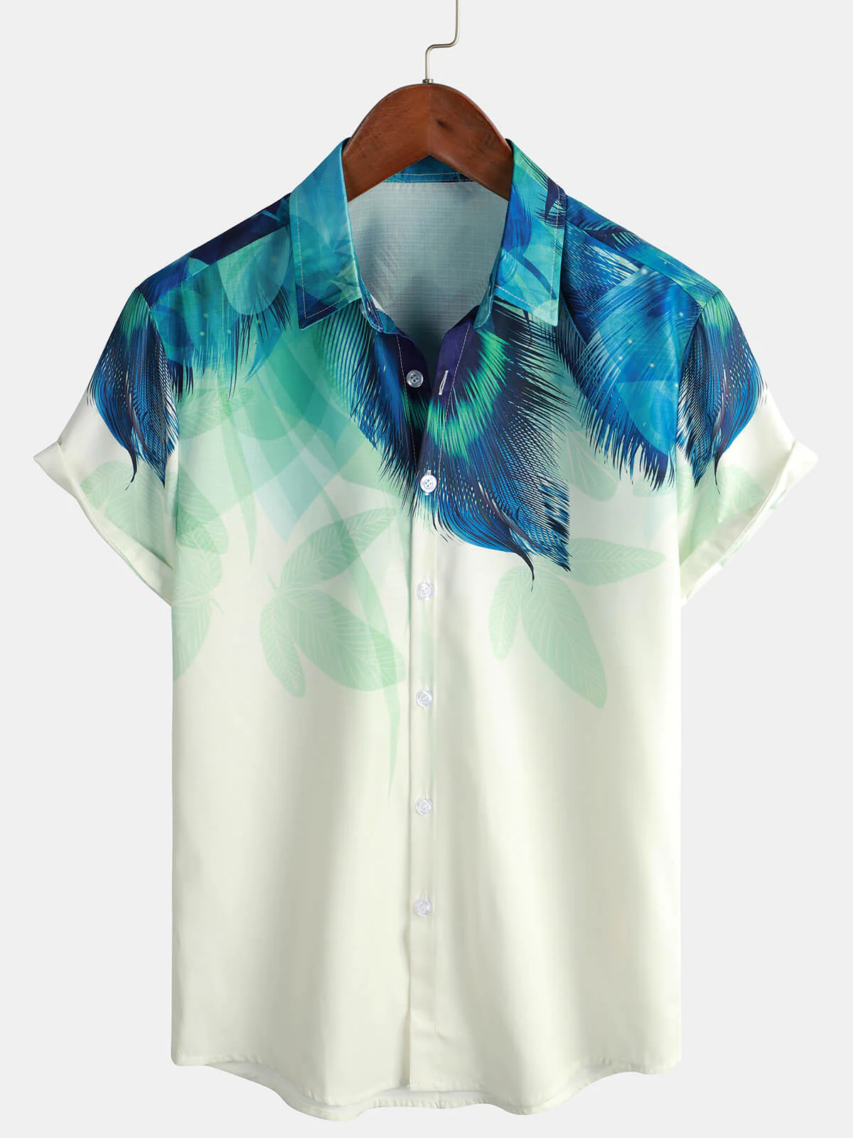 Men's Casual Gradient Feather Print Lapel Short Sleeve Shirt