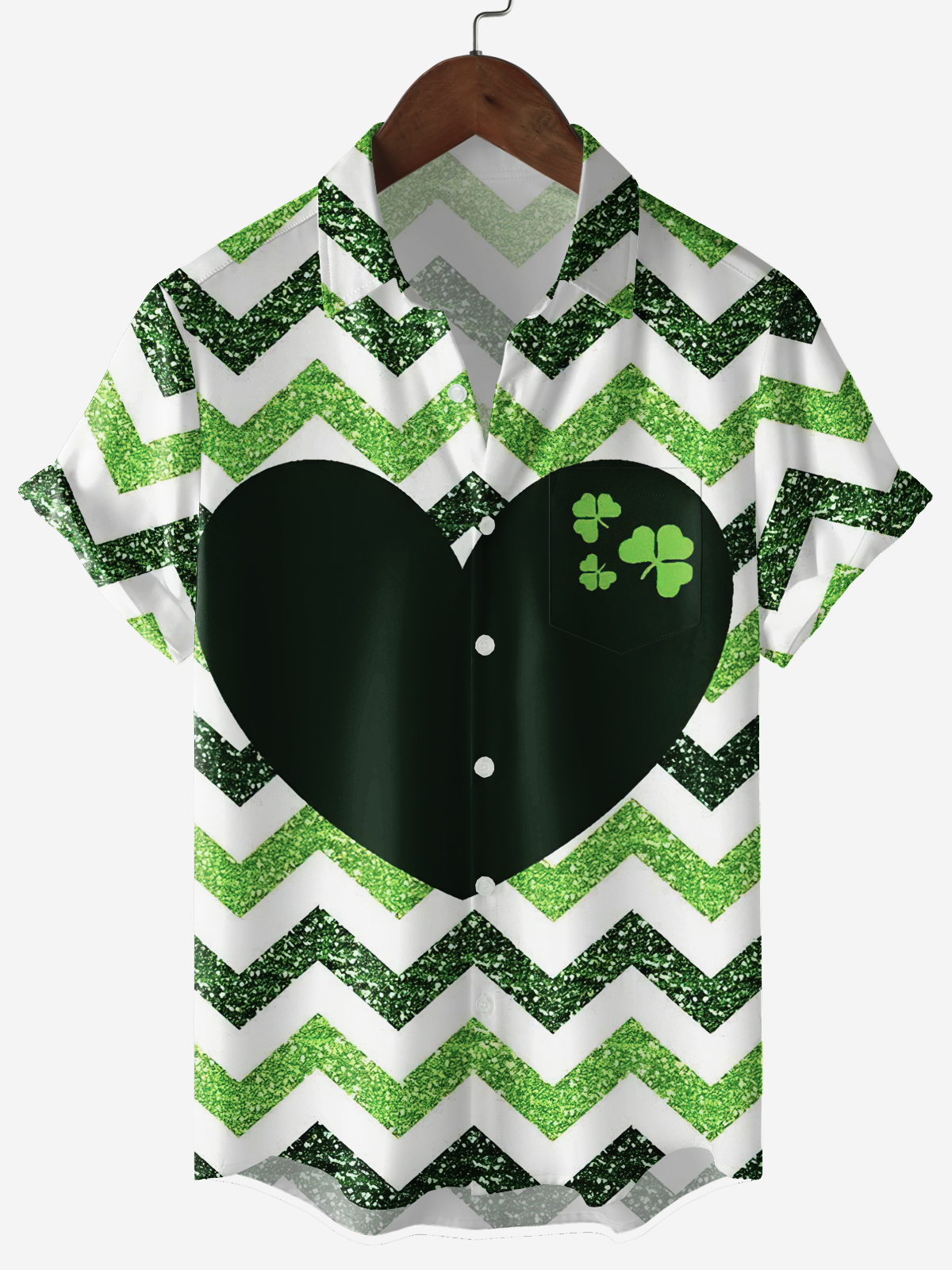 Men's Wave Line Clover Love Trick Holiday Printed Pocket Shirt