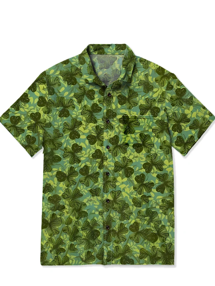 Men's casual tropical clover Hawaiian printed short sleeved pocket shirt