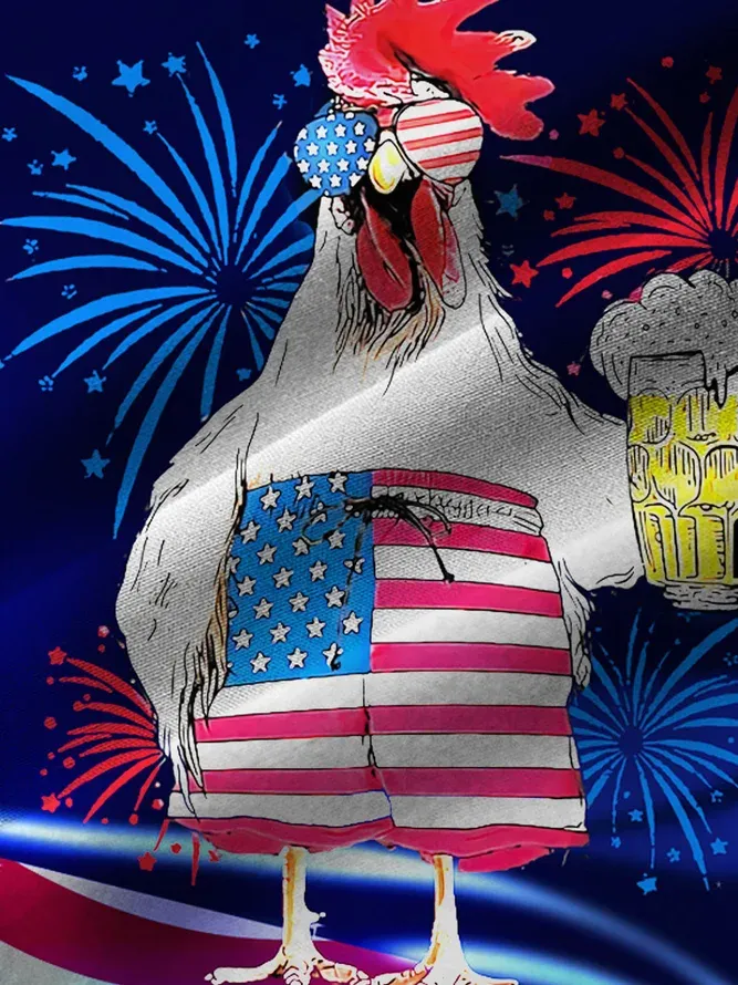 Men's Casual Flag Beer Chicken Print Lapel Short Sleeve Shirt