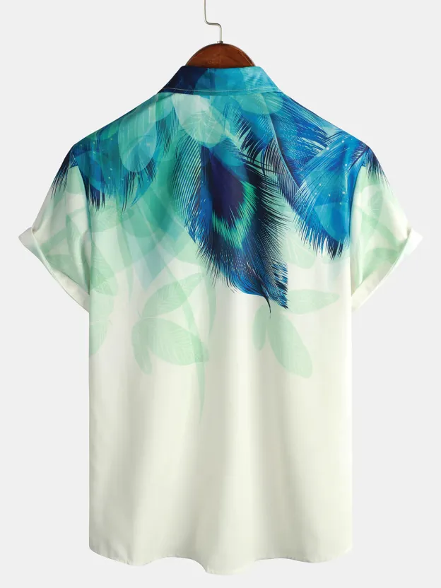 Men's Casual Gradient Feather Print Lapel Short Sleeve Shirt