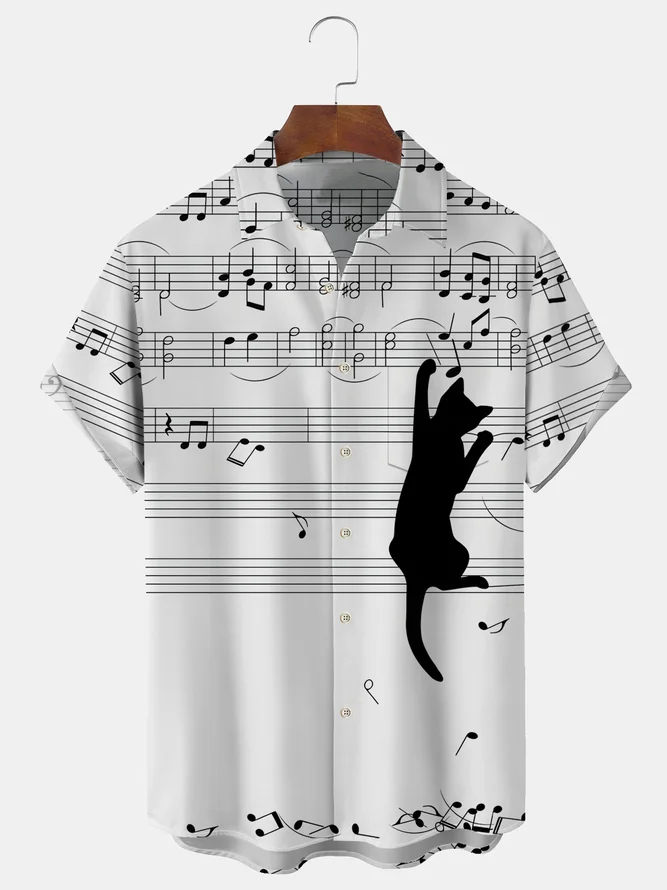 Men's Musical Cat Casual Lapel Short Sleeve Shirt
