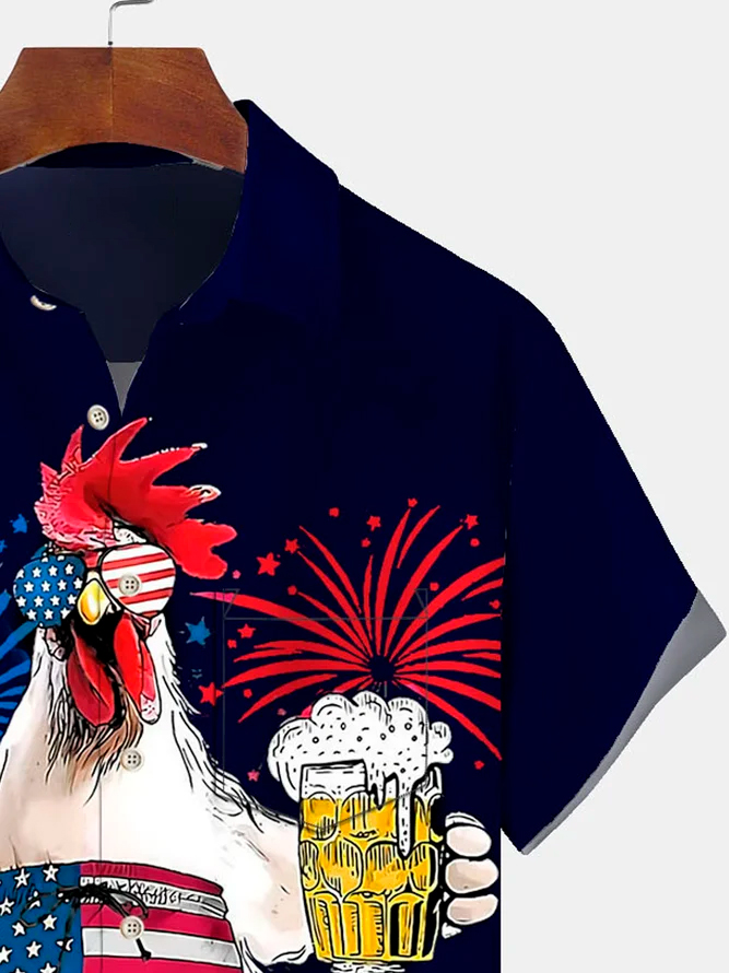 Men's Casual Flag Beer Chicken Print Lapel Short Sleeve Shirt