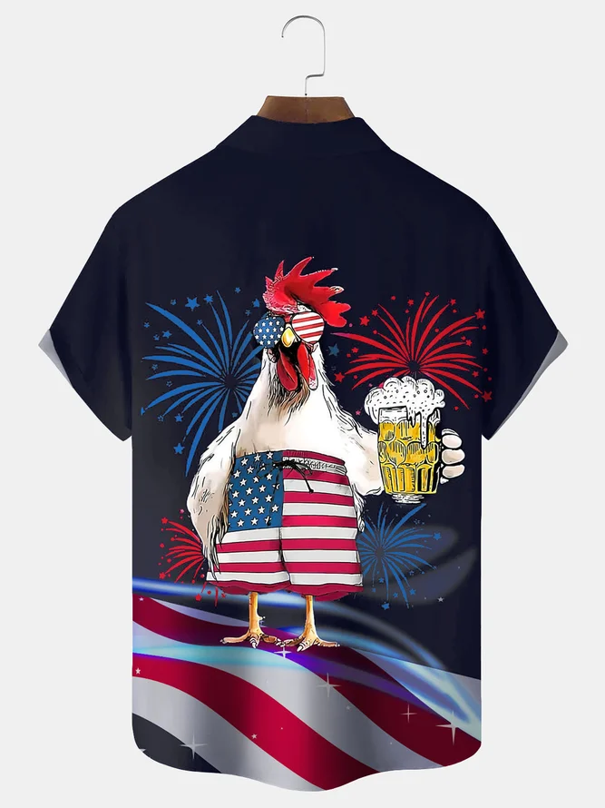 Men's Casual Flag Beer Chicken Print Lapel Short Sleeve Shirt