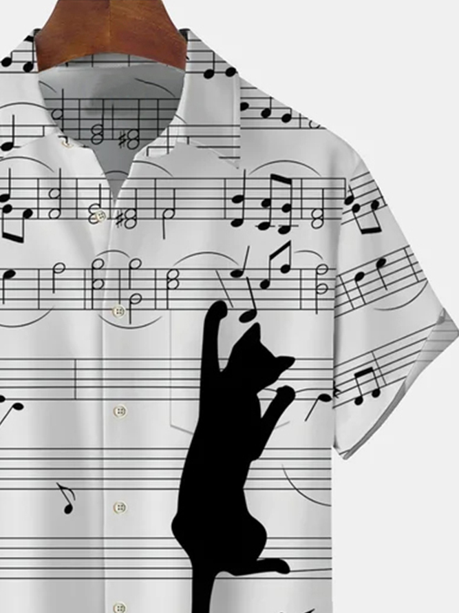 Men's Musical Cat Casual Lapel Short Sleeve Shirt